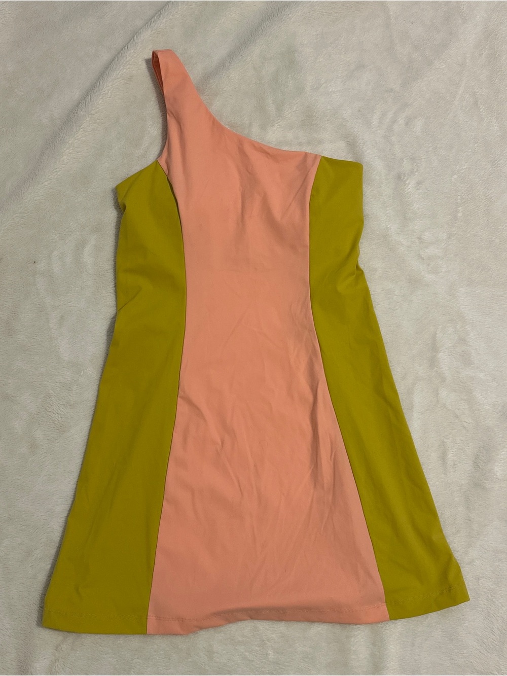 Outdoor Voices One-Shoulder Peach and Olive Colorblock Mini Dress